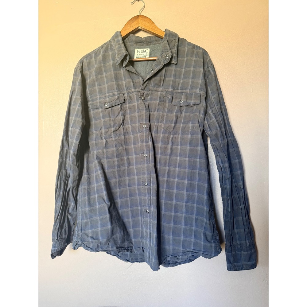 PD&C Mens XL Blue Plaid Long Sleeve Button Down Shirt 100% Cotton Pockets J043